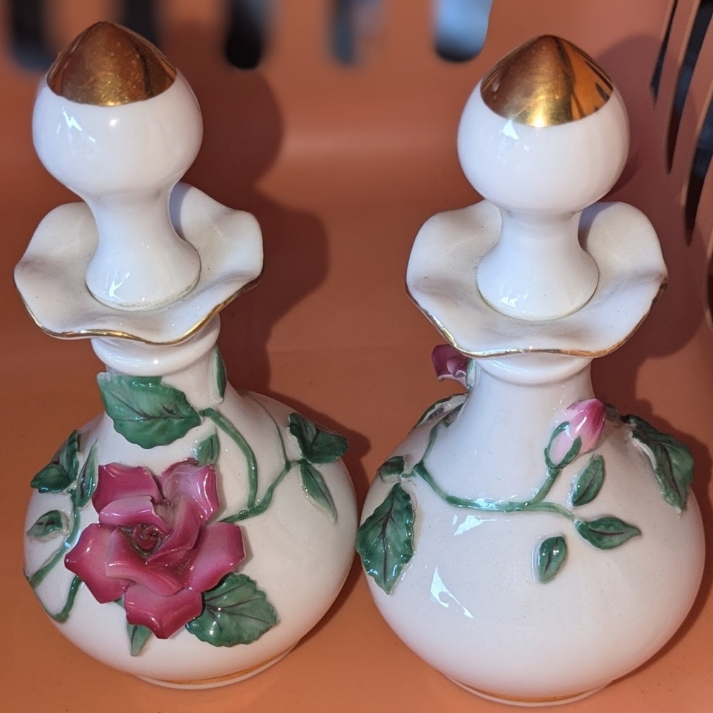 2 Lefton Japan 6" Vintage Porcelain Floral Perfume Bottles/Decanters- #385- GUC!
